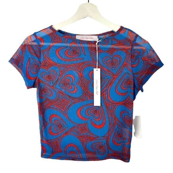 NEW Lisa Says Gah Alex Meshed Tee in Wild Hearts Blue Size S (Urban Outfitters) - Picture 7 of 10